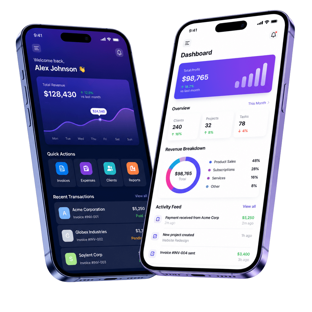 Vysync mobile app dashboard screens on two smartphones