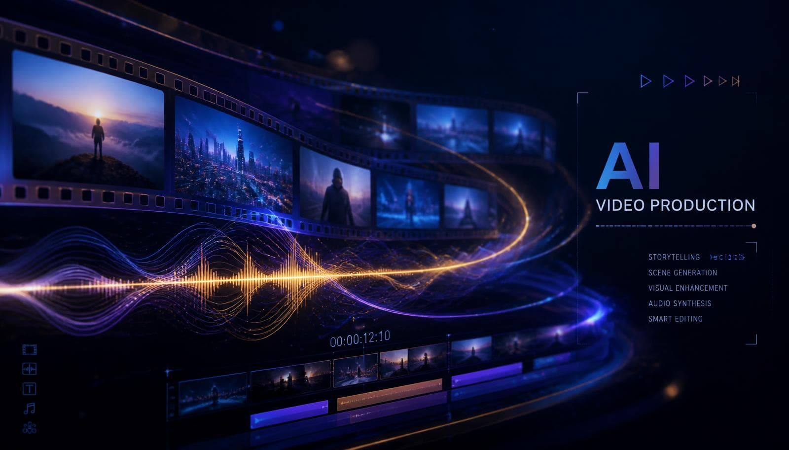 AI video production timeline with film frames and audio waveforms